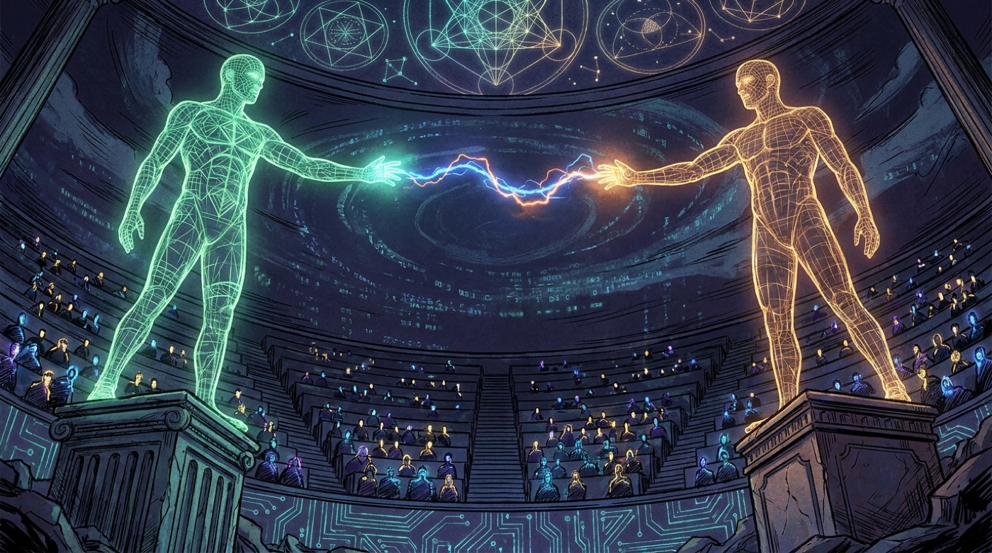 The digital agora — two colossal wireframe figures face each other across a void before an audience of light