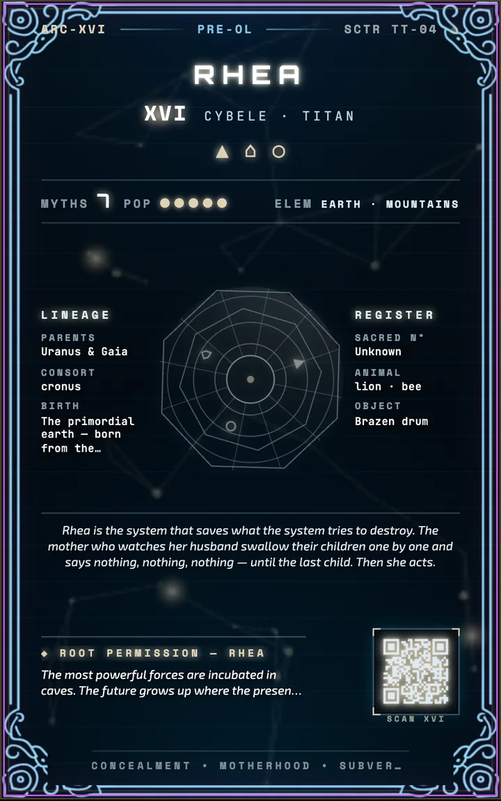 XVI · Rhea — Kyber card back: dossier