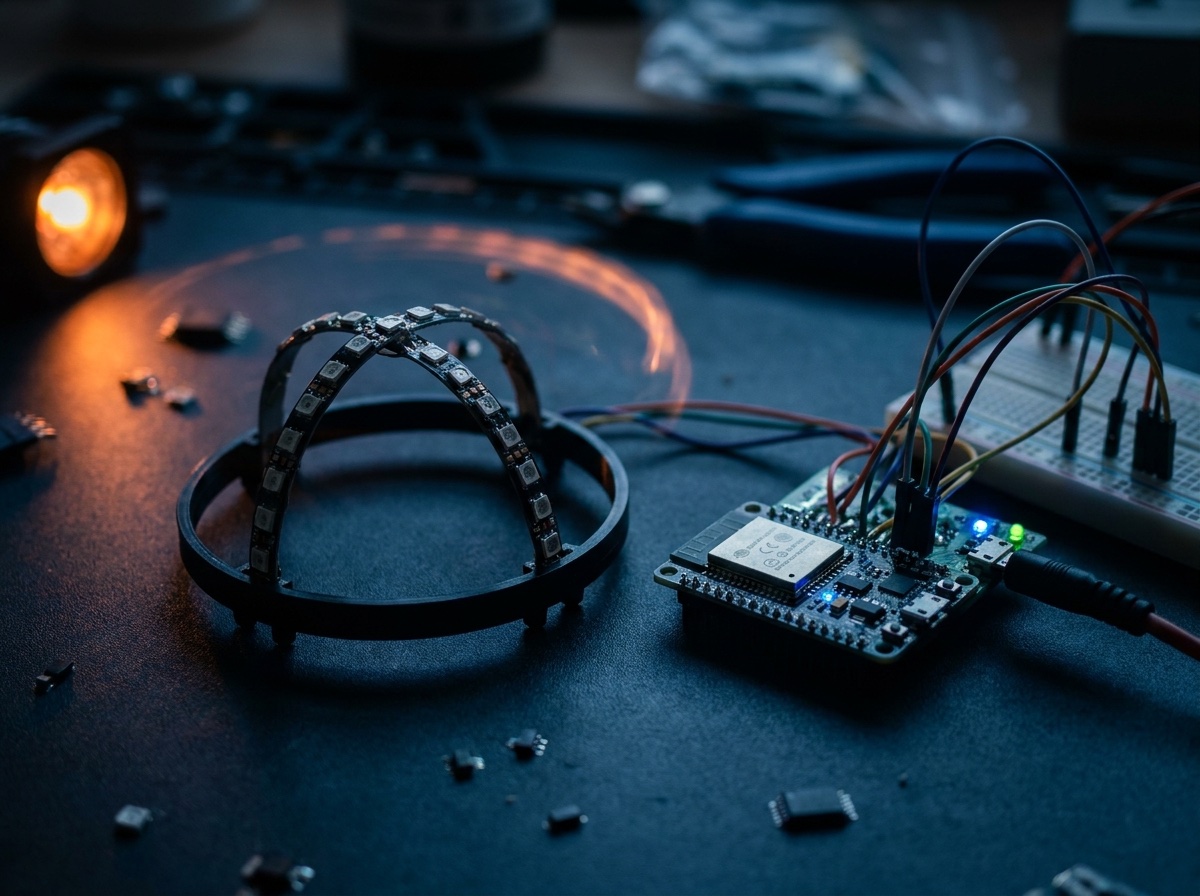 POV-globe prototype hardware — curved LED arms on a hemispherical frame wired to an ESP32 board