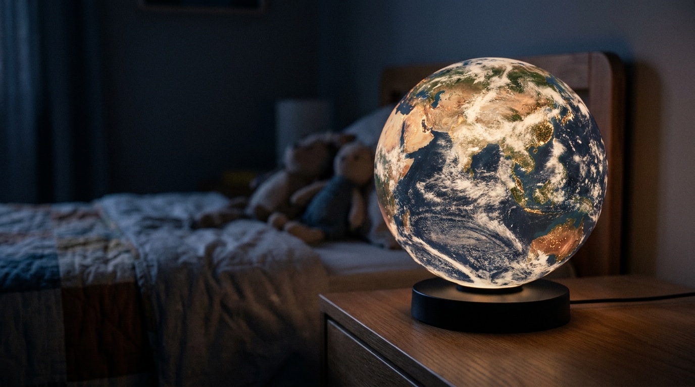 Globe 2.0 glowing on a bedside table in a dark child's bedroom