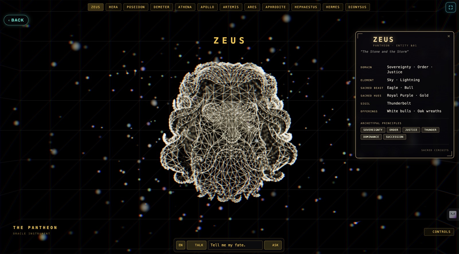 The Oracle Engine — Zeus as a living wireframe head in a starfield, his entity card open beside him