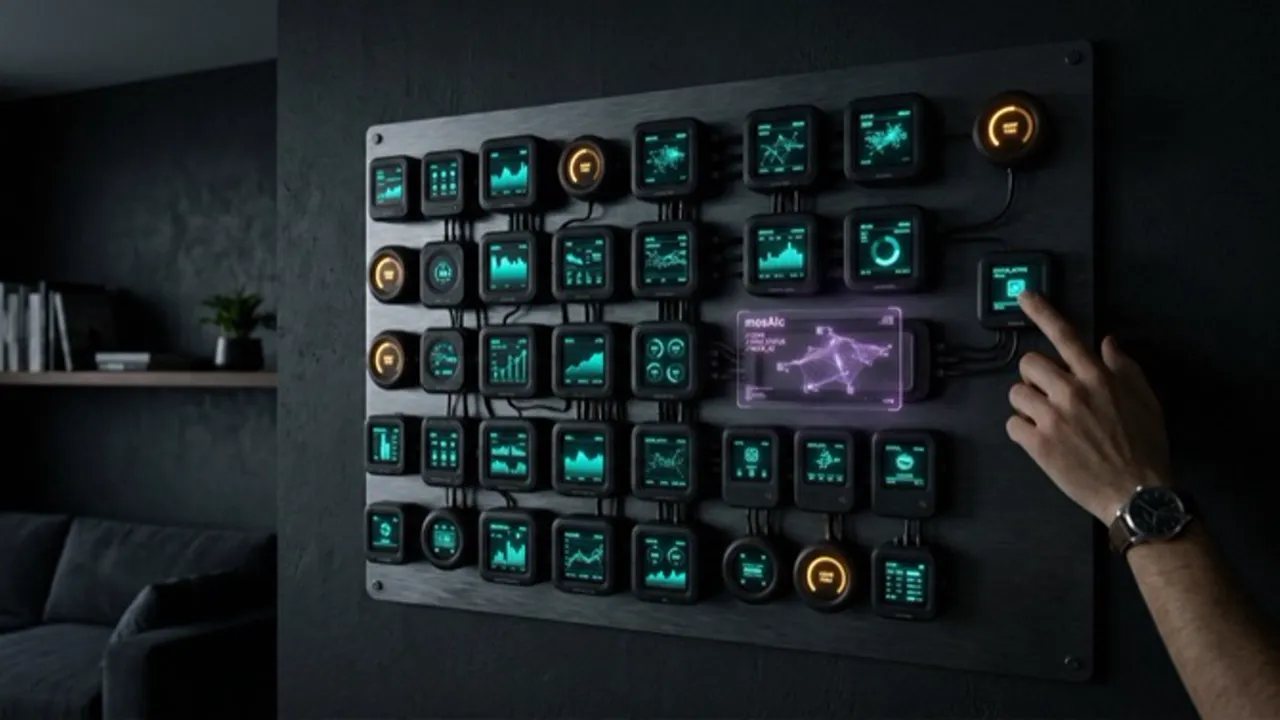 The mosAIc wall computer glowing on a dark wall.