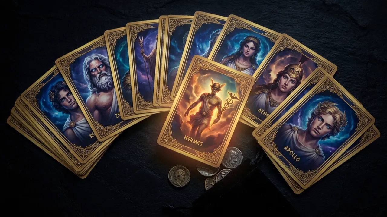 A fan of oracle cards on a dark table.