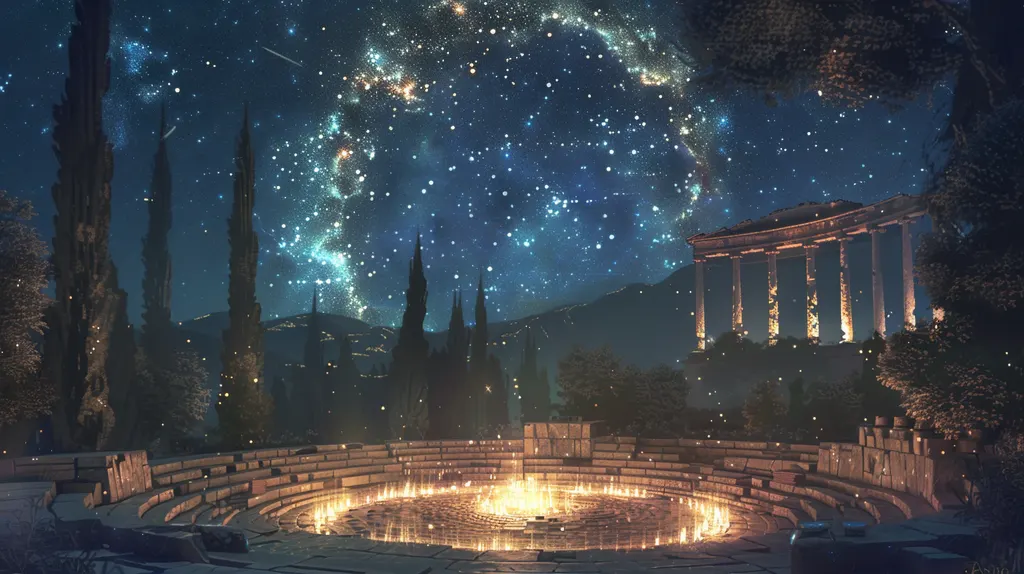 Ancient amphitheatre with a ring of candles at its centre, a ruined temple and starry sky beyond