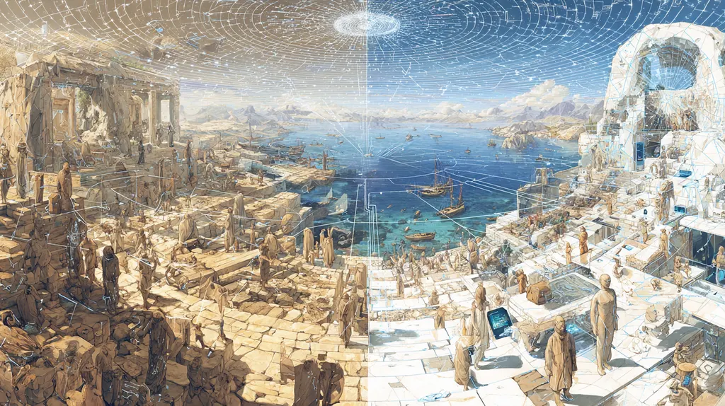 Split painting of a harbour city, weathered stone on the left and clean white terraces on the right
