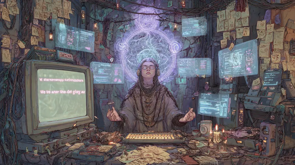 Hooded figure meditating at a cluttered desk before a beige monitor, purple mandala glowing behind them