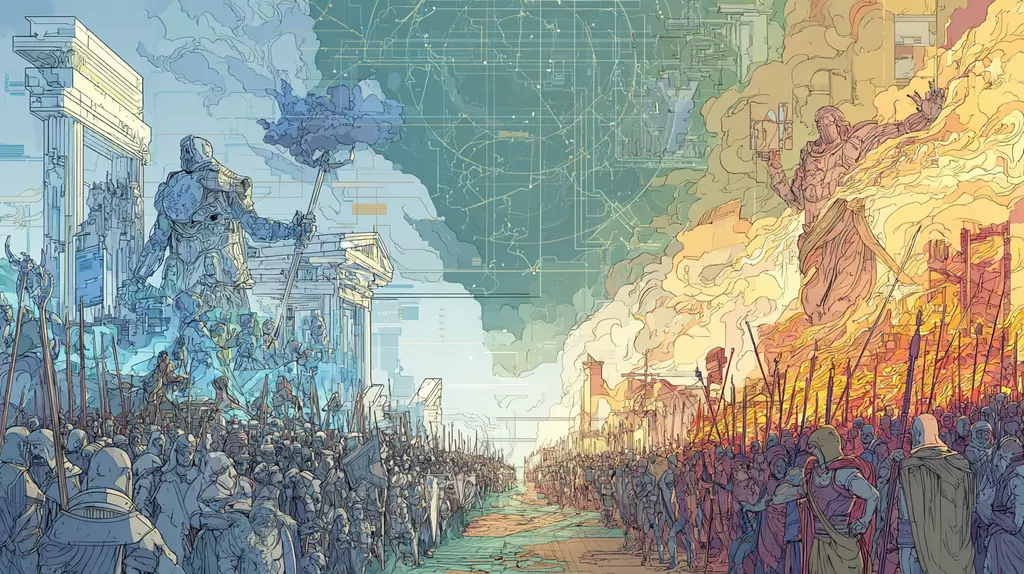 Two armies facing across a road, one cool blue with a towering statue, the other in orange flames