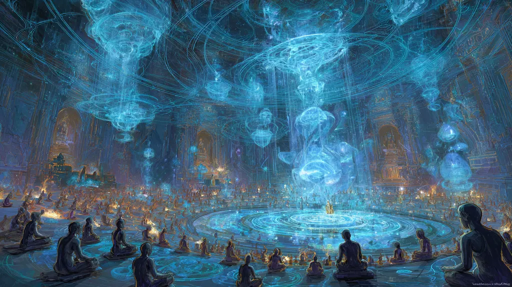 Seated figures in a temple hall watching luminous blue jellyfish shapes drift under a domed ceiling