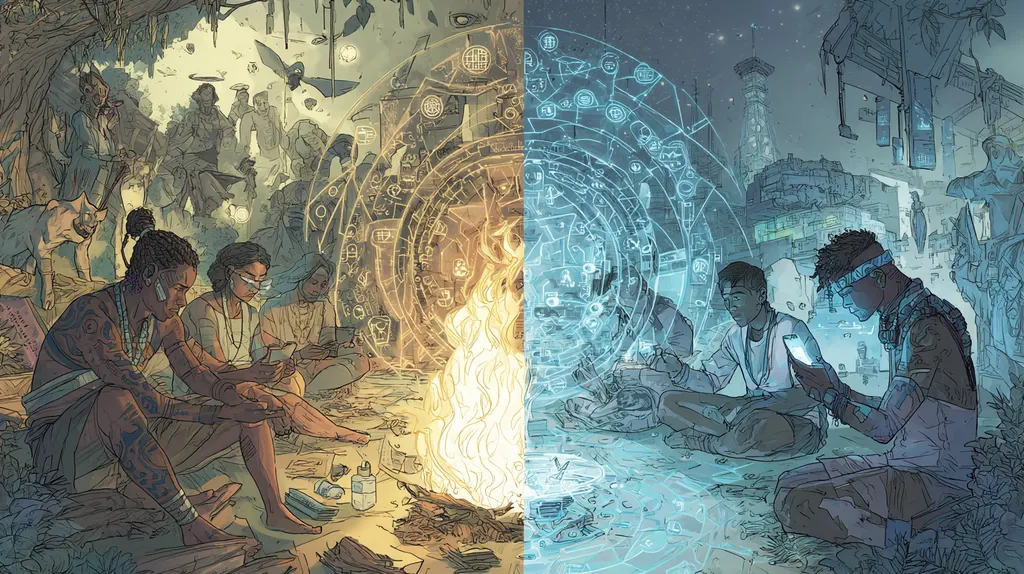 Split scene: a couple by a campfire on the left, two teenagers with phones under blue holograms on the right