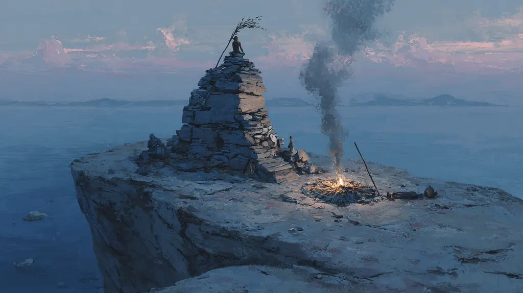 Stone cairn on a sea cliff at dusk with a small fire sending a column of smoke skyward