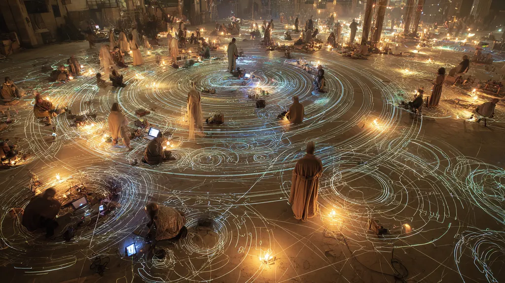 Robed people kneeling with laptops among candles on a dark floor traced with concentric rings of blue light