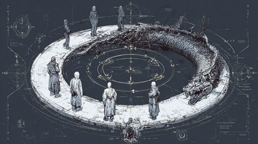 Ink-and-wash blueprint of a serpent coiled around a circular platform where hooded figures stand at marked stations