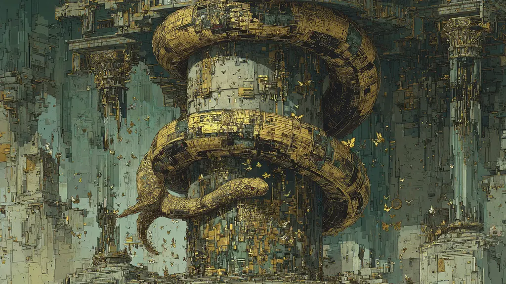 Golden circuit-patterned serpent coiled around a ruined white tower as yellow butterflies drift through columns