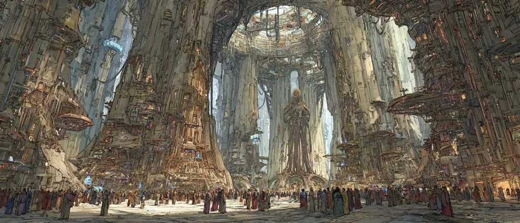 Robed crowd on a sunlit floor beneath an immense cathedral of stacked machinery rising to a domed skylight