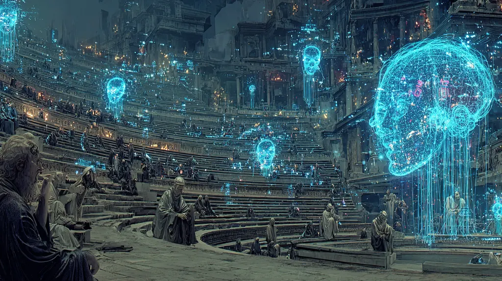 Stone philosophers seated on amphitheatre steps while translucent blue holographic heads glow above the ruins