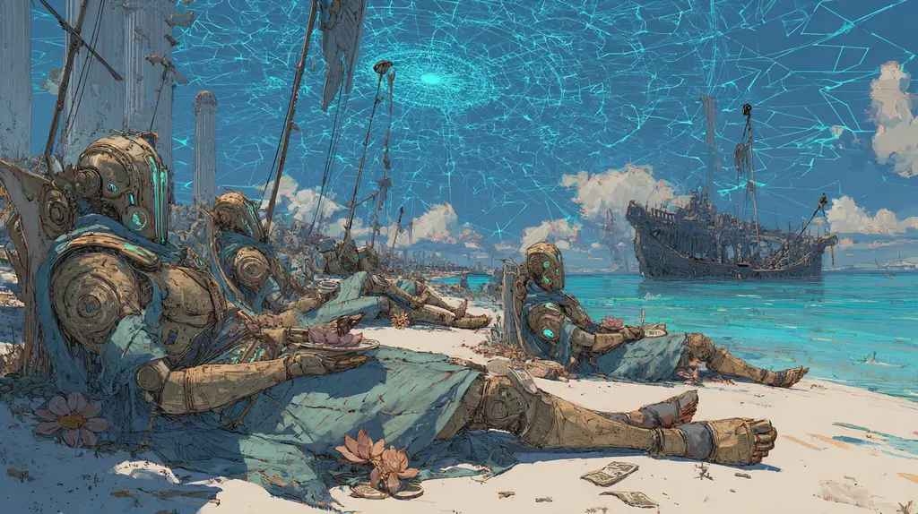 Armoured figures lounging on a white beach with pink lotus flowers, a black galleon anchored offshore