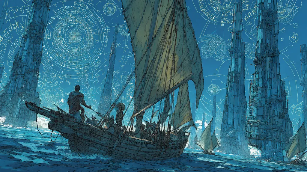 Wooden sailboat with tan sails crossing choppy water beneath spiral star-charts and towering blue spires