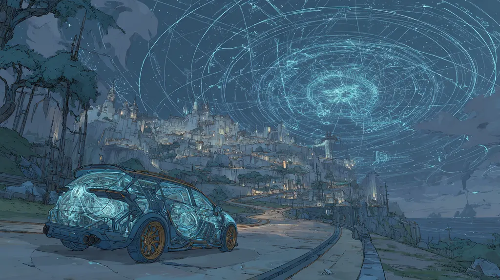 Transparent car with visible wiring parked on a coast road below a lamplit hill town and spiralling sky