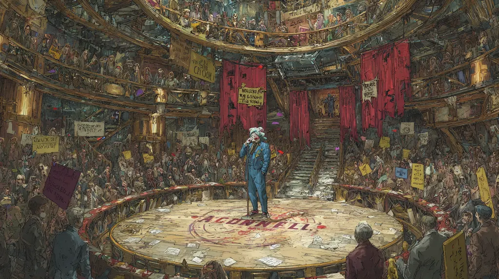 Masked performer in a blue suit at a microphone on a circular stage ringed by placard-waving spectators