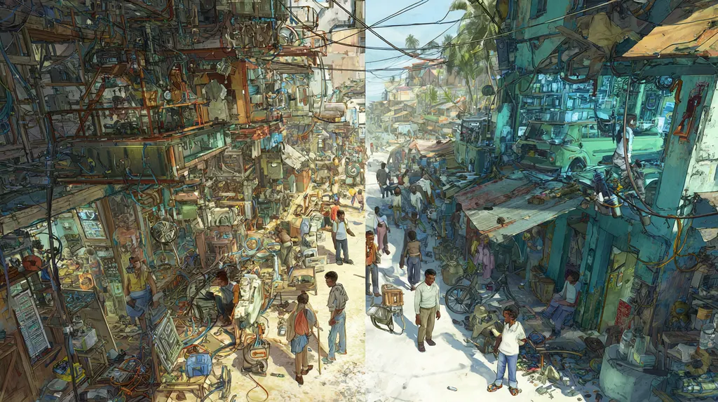 Sunny street of makeshift stalls piled with cables and gadgets, shoppers and a green truck beneath tangled wires