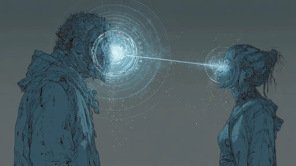 Blue ink sketch of a bearded man and a young woman facing each other, a beam joining their foreheads