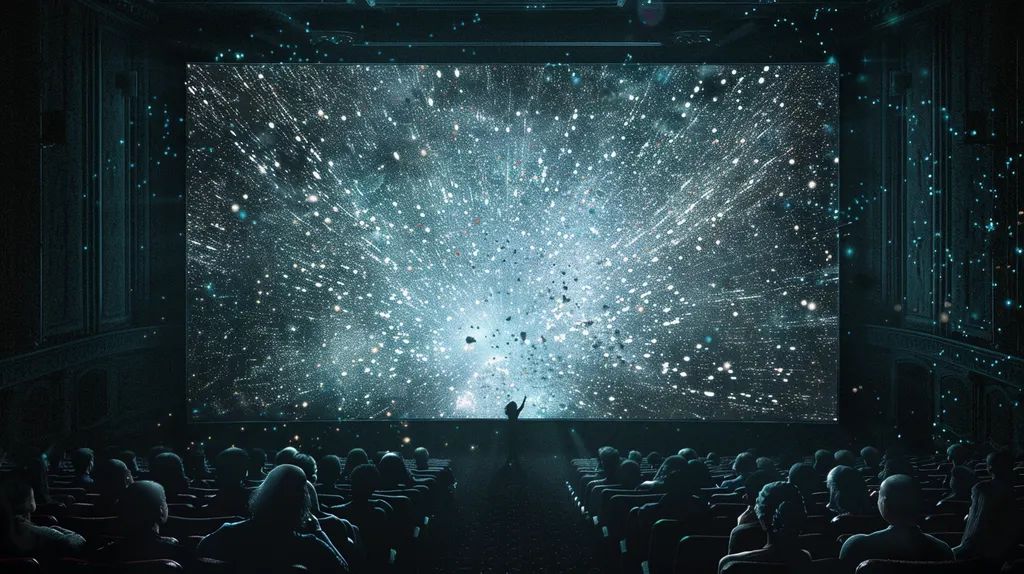 Cinema audience in darkness watching a screen where white particles explode outward around a small silhouette
