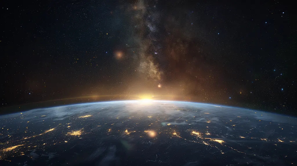 Curve of Earth at night with city lights below a sunrise glow and the Milky Way overhead