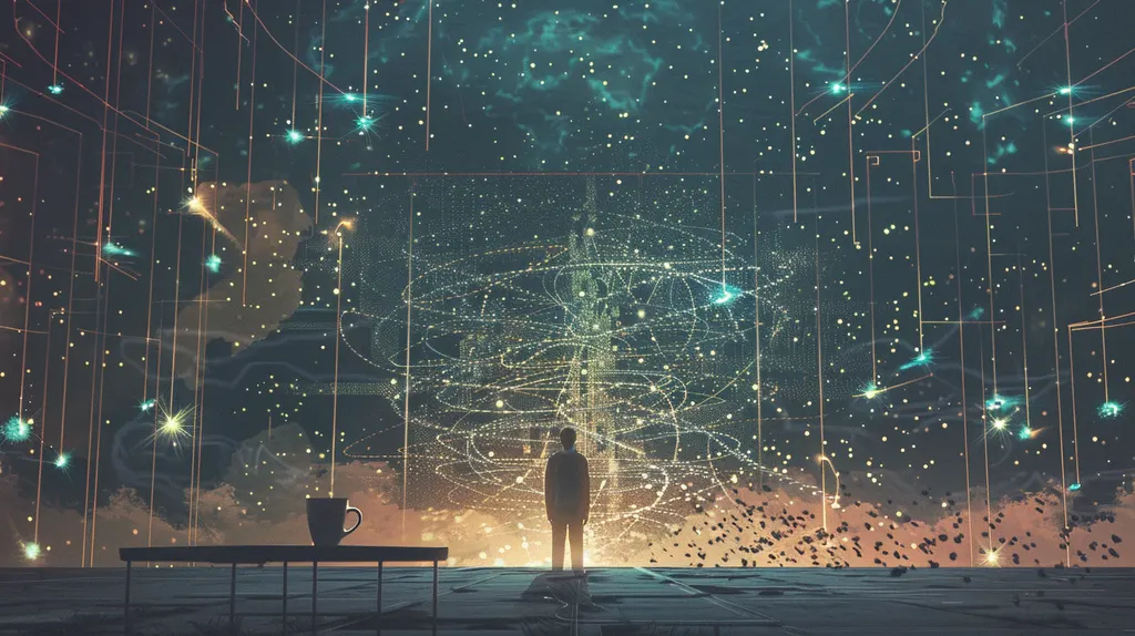 Man standing before a swirling web of luminous threads beside a table with a mug, dark leaves scattering