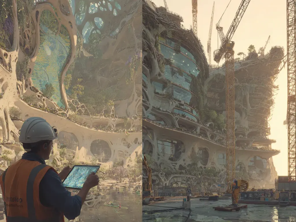 Hard-hatted worker in an orange vest holds a tablet before a bone-white organic tower under construction cranes