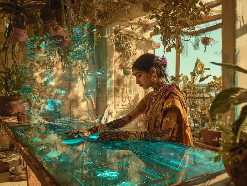 Woman in a saffron sari with henna hands works at a glowing teal glass table beneath hanging plants
