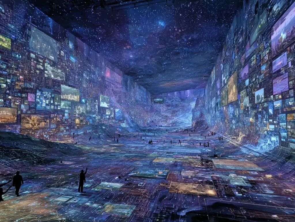 Immense canyon hall whose walls are tiled with glowing screens, small figures crossing its patterned floor