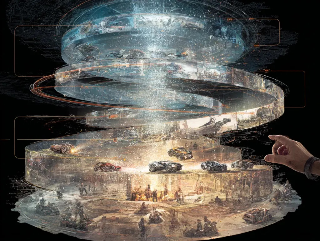 Hand pointing at a spiralling holographic ribbon of city scenes and vehicles rising from a lit base