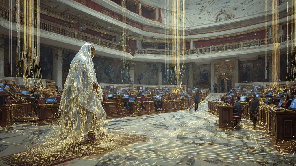 Veiled figure woven from strands of golden light standing in a marble parliament chamber lined with monitors