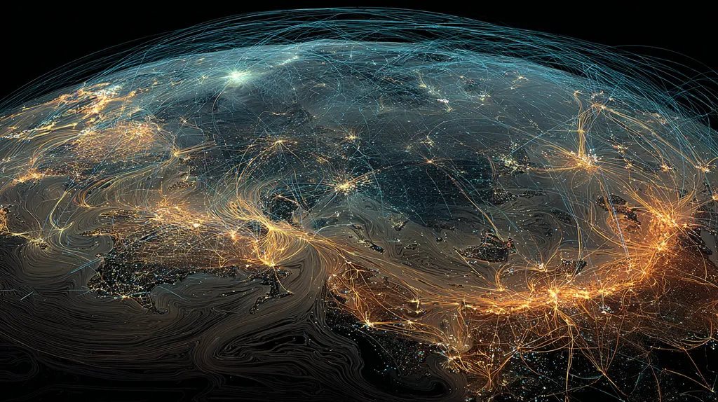 Globe at night wrapped in arcing cyan flight paths and orange rivers of light between glowing cities