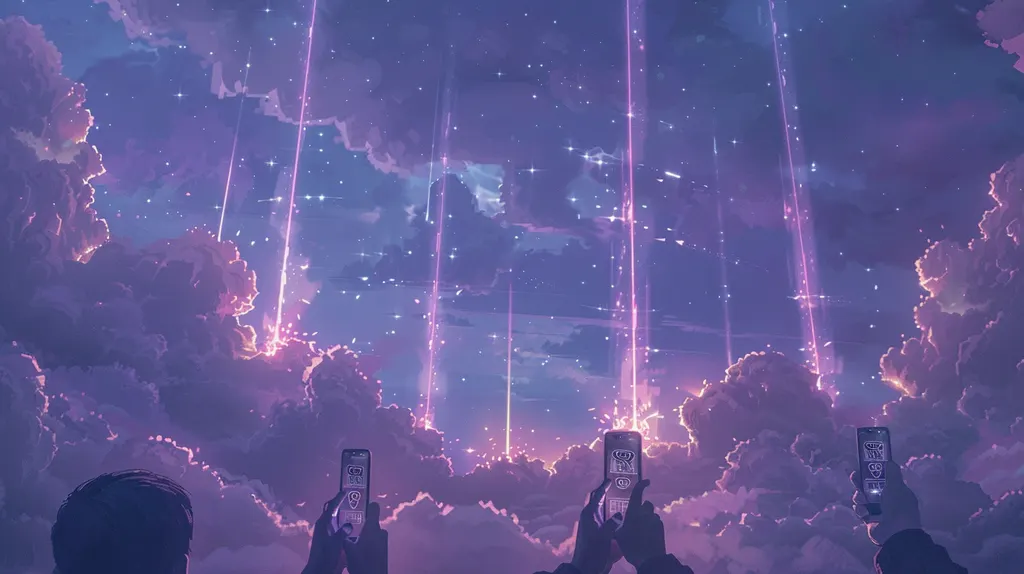 Silhouetted hands hold up phones toward violet clouds as columns of pink light stream down from the stars