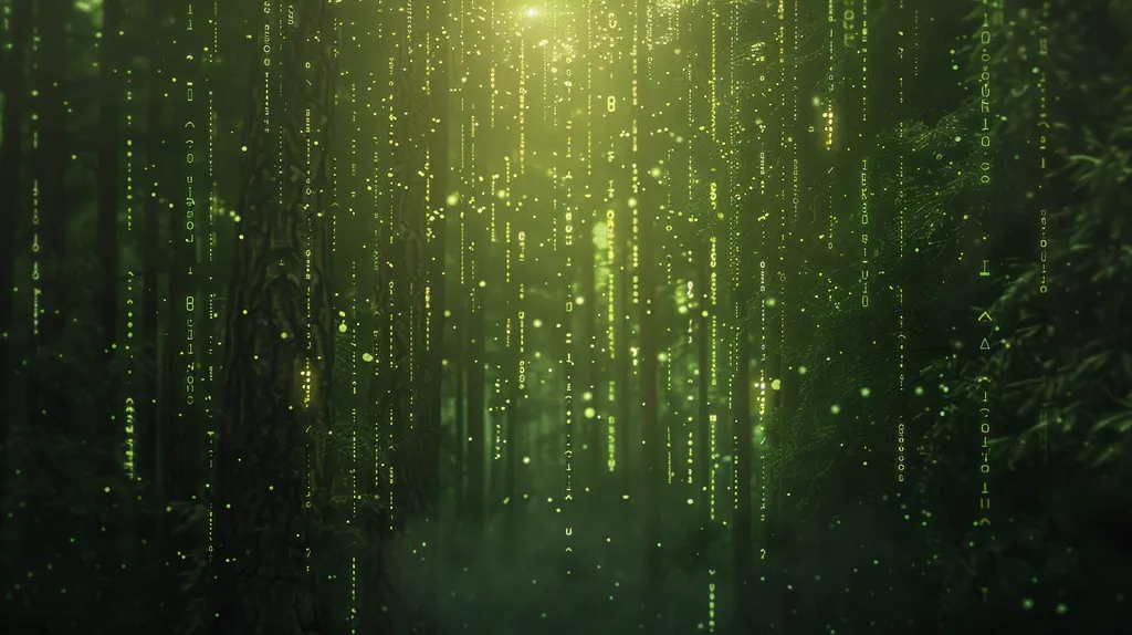 Strings of green glyphs raining through a dim forest of tall trunks toward a hazy yellow glow above