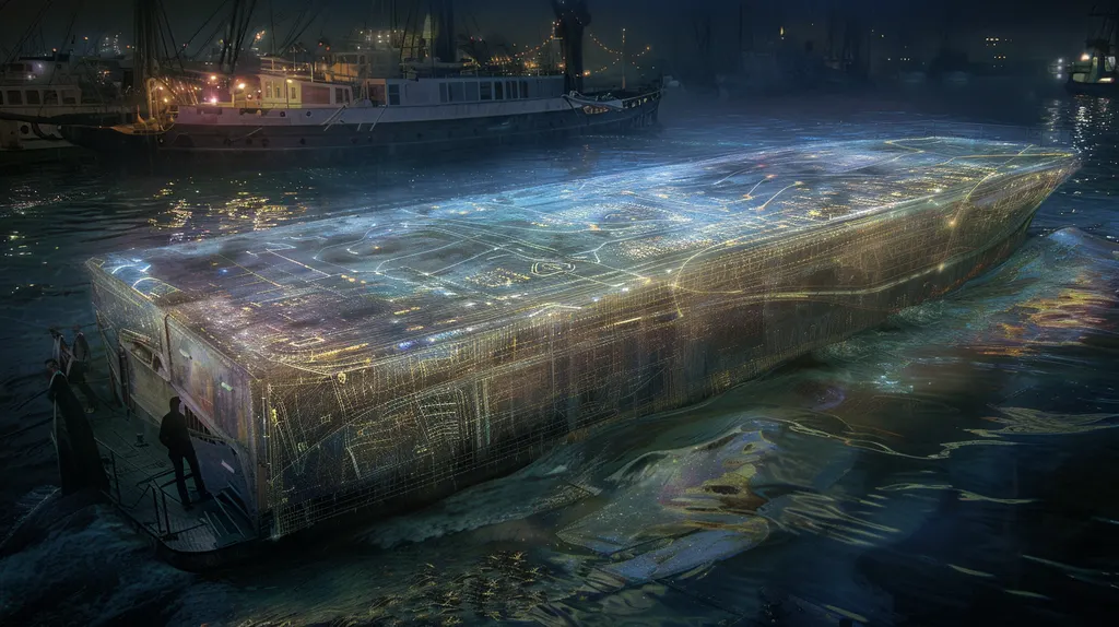 Barge-like vessel etched with glowing circuit lines floating in a night harbour beside moored fishing boats