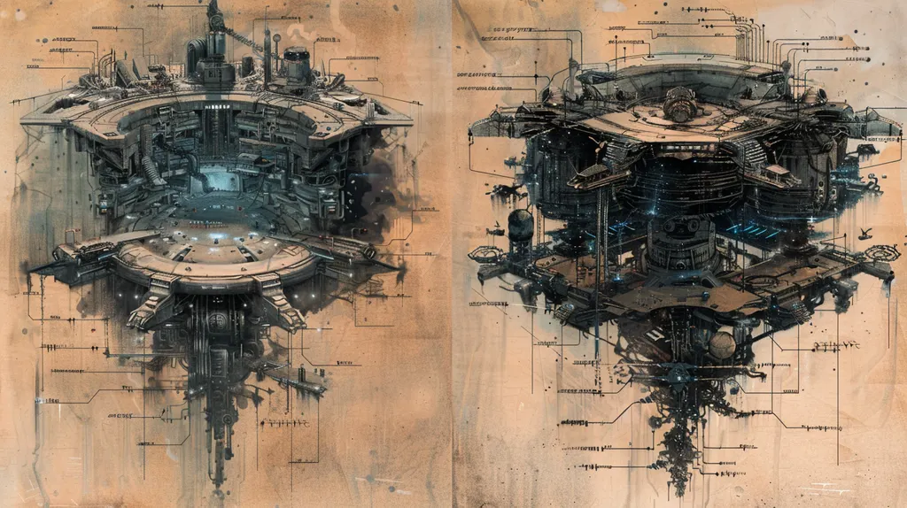 Two sepia ink cutaway drawings of a saucer-shaped machine with annotation lines on stained paper
