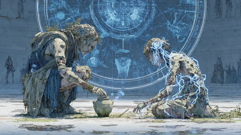 Crumbling moss-covered giant kneels to place a small clay pot before a crouching figure laced with blue lightning