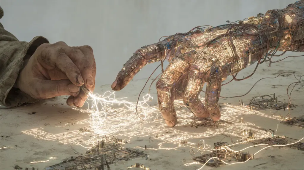 Weathered human hand pinching a spark toward a circuit-board hand above a tabletop of miniature cities
