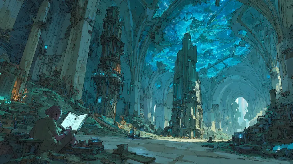 Seated figure reading an open book among ruined columns and a stone tower below a teal galaxy ceiling