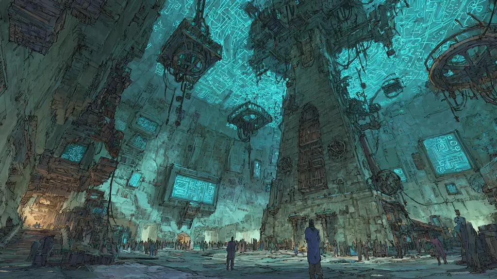 Low view of a hall whose walls carry turquoise glyph panels, a lone figure standing before a tall pillar