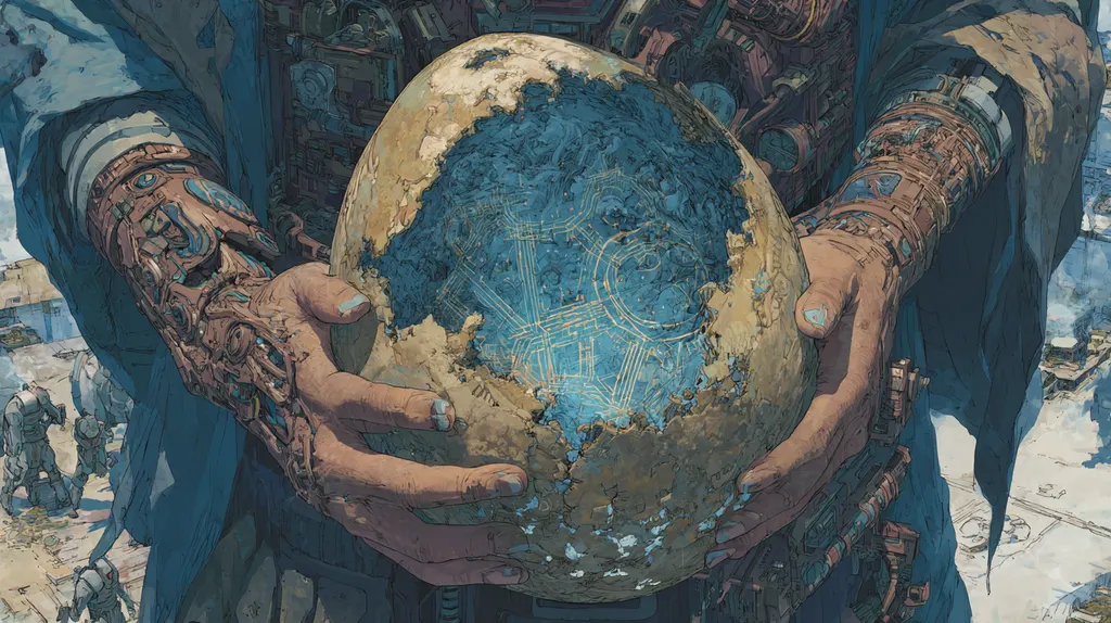 Two hands with mechanical wrists cradling a mottled blue egg patterned with circuit lines, brown crust flaking