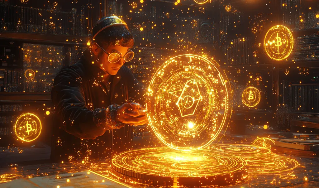 Young man in round glasses shaping a golden hologram coin, bitcoin symbols floating in a dim library